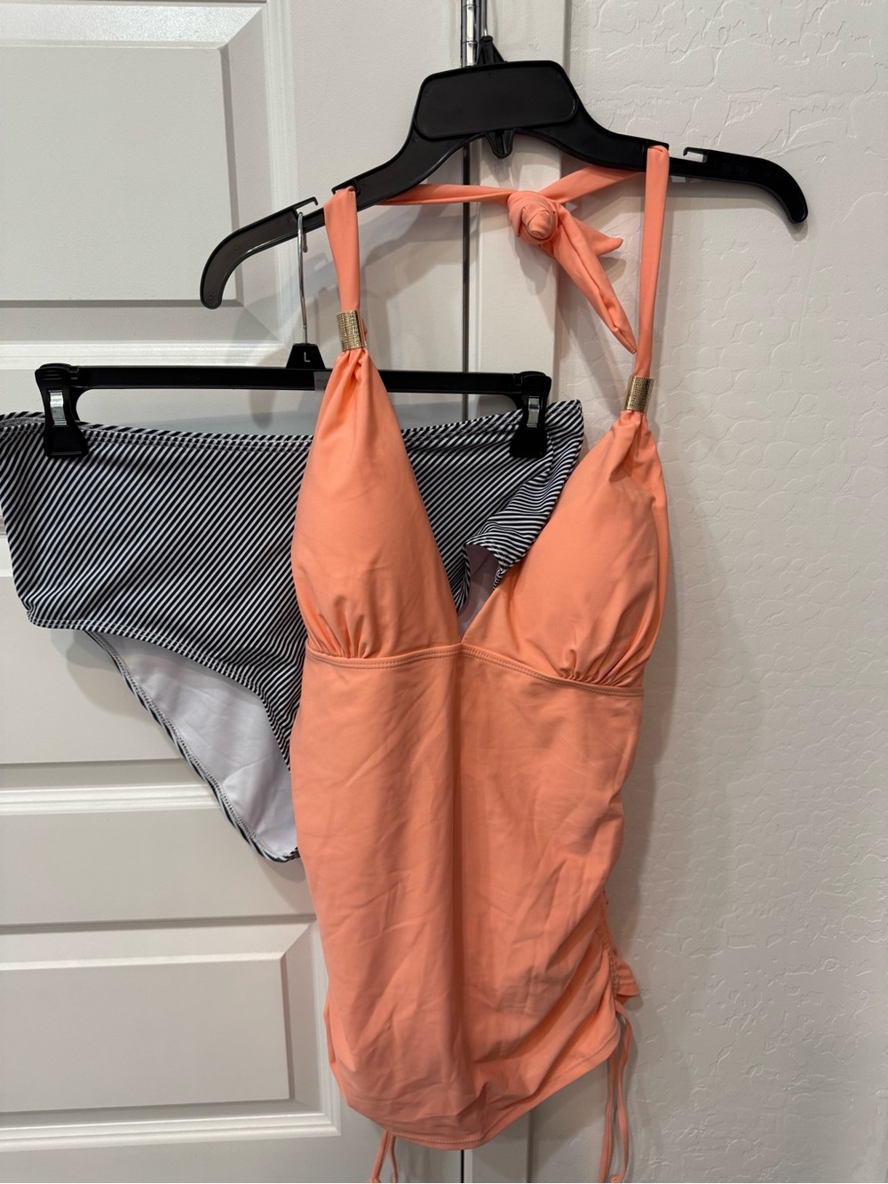 Peach Halter Tankini with Striped Bikini Bottoms NWOT